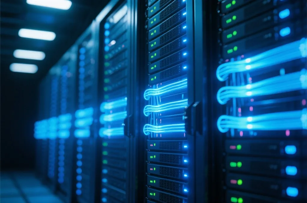 Concept of high-speed data transmission network with glowing server racks