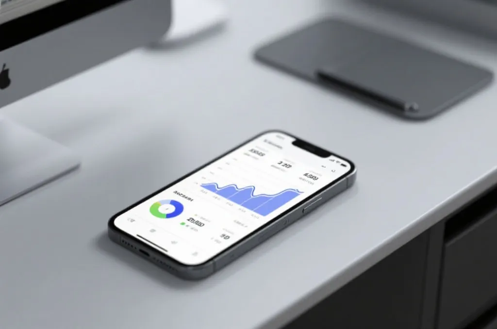 A clean modern smartphone on a sleek office desk displaying abstract sports statistics and charts on screen