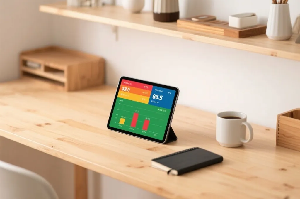An elegant workspace with a tablet displaying colorful generic sports charts and data analysis sheets beside a notebook
